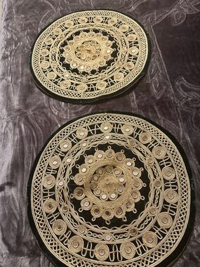 Set of TWO Round Dark Green Decorative Pillows with Gold Embroidery-PERSIAN